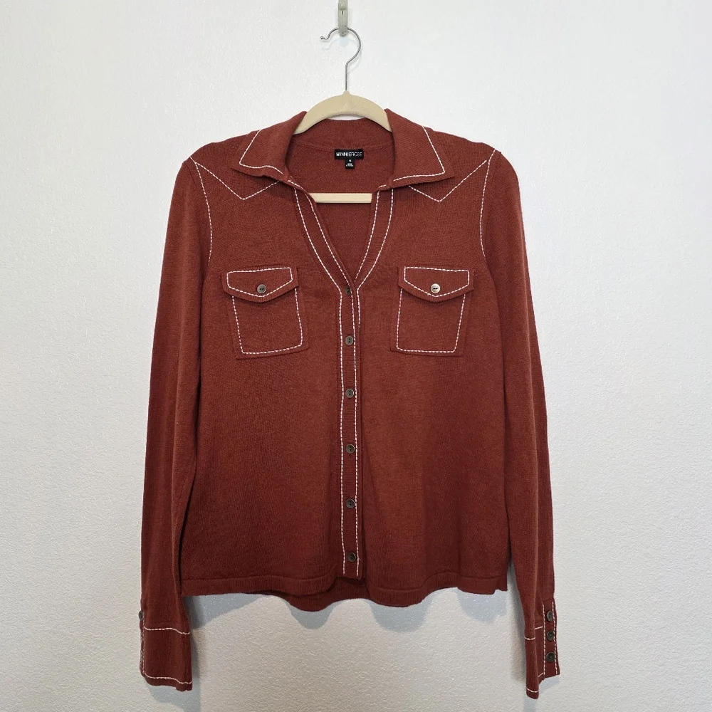 Minnie Rose Cotton Cashmere Top Stitch Embroidered Button Down Shirt - Picture 2 of 8